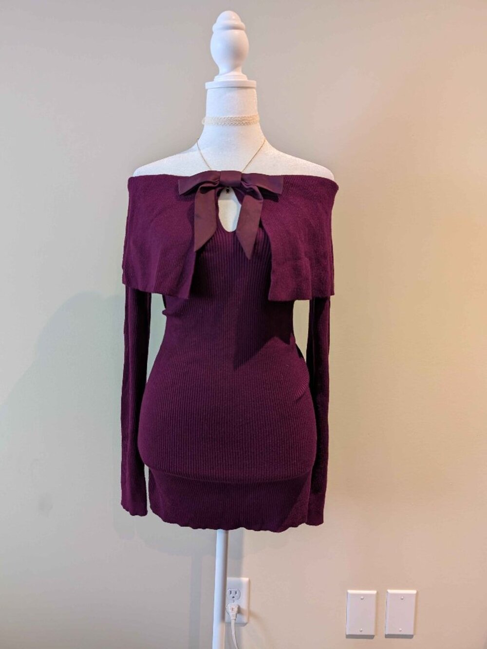 Plum Off-Shoulder Bow Keyhole Ribbed Sweater Dress